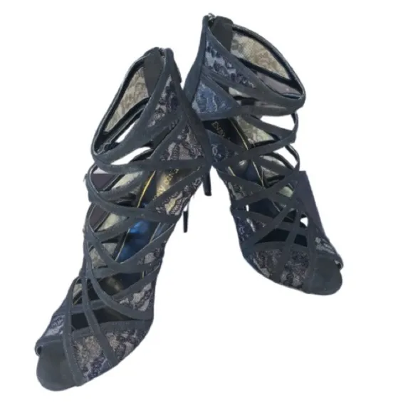 Enzo Angiolini Black Niccho Caged Lace Peep Toe Evening Heels Womens Size 9.5
