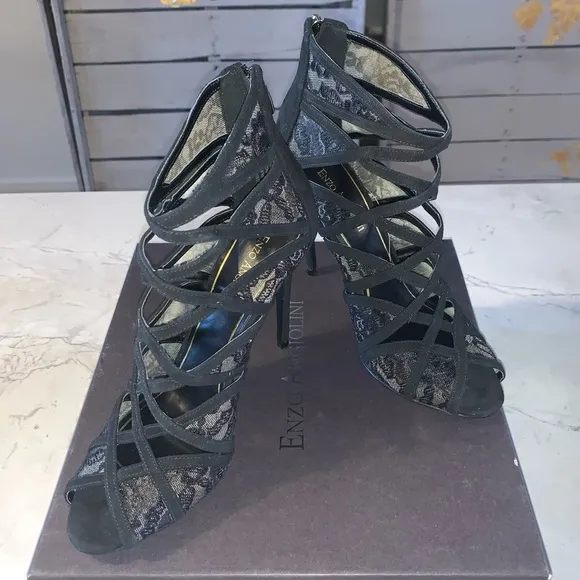 Enzo Angiolini Black Niccho Caged Lace Peep Toe Evening Heels Womens Size 9.5