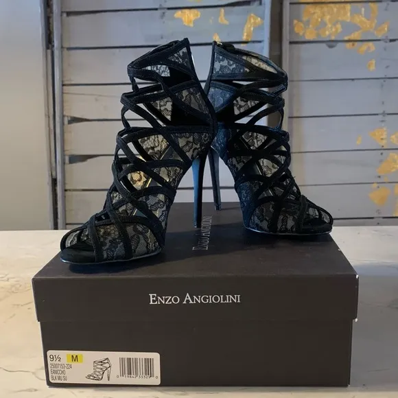 Enzo Angiolini Black Niccho Caged Lace Peep Toe Evening Heels Womens Size 9.5