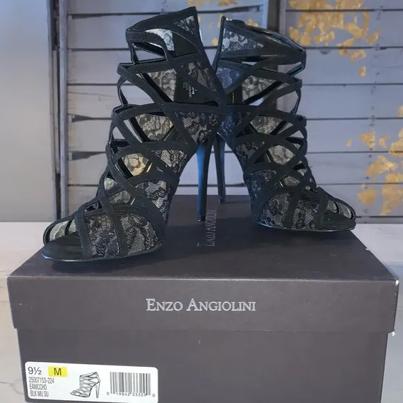 Enzo Angiolini Black Niccho Caged Lace Peep Toe Evening Heels Womens Size 9.5