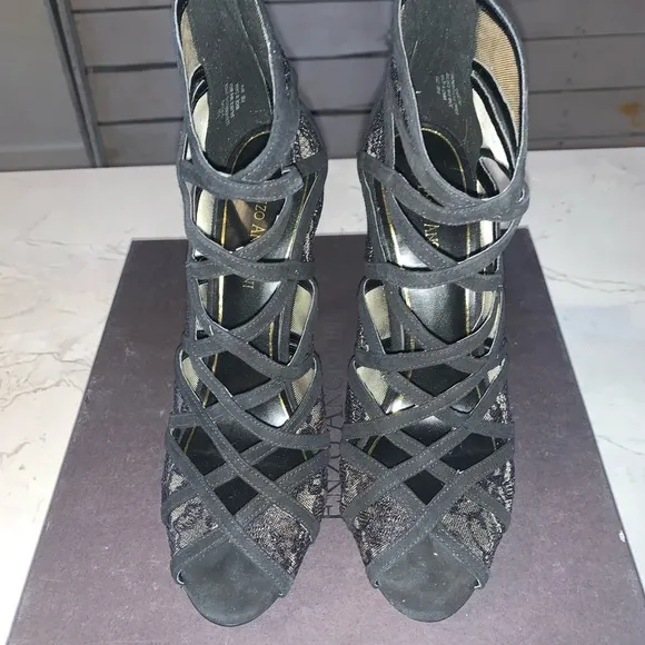 Enzo Angiolini Black Niccho Caged Lace Peep Toe Evening Heels Womens Size 9.5