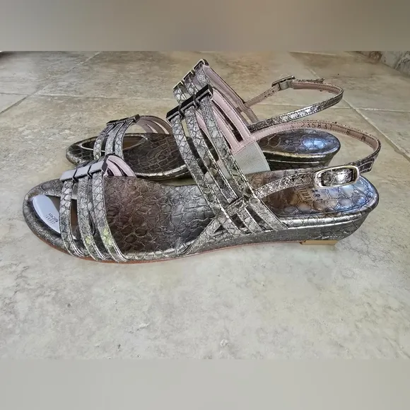 EUC Stuart Weitzman Leather Silver Strappy Low Wedge Sandals
