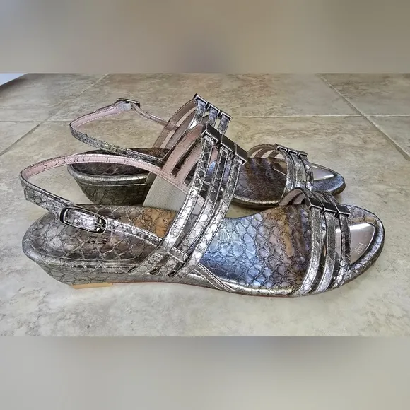 EUC Stuart Weitzman Leather Silver Strappy Low Wedge Sandals