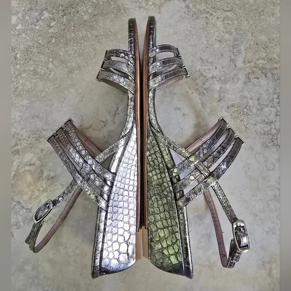 EUC Stuart Weitzman Leather Silver Strappy Low Wedge Sandals