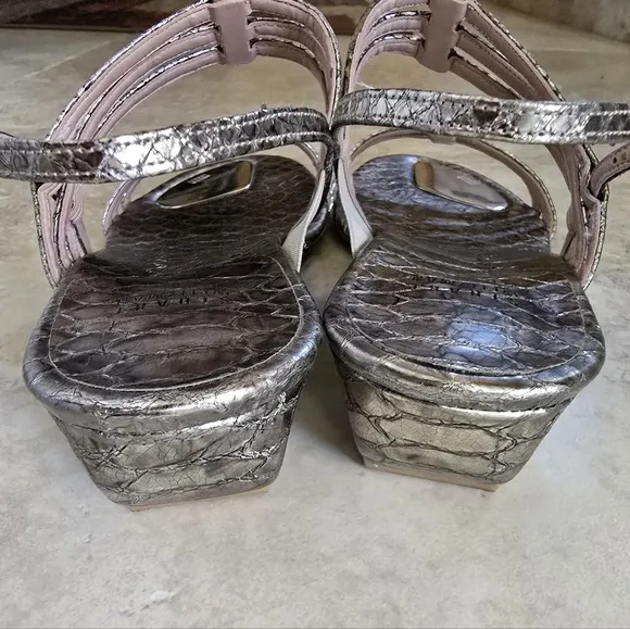 EUC Stuart Weitzman Leather Silver Strappy Low Wedge Sandals