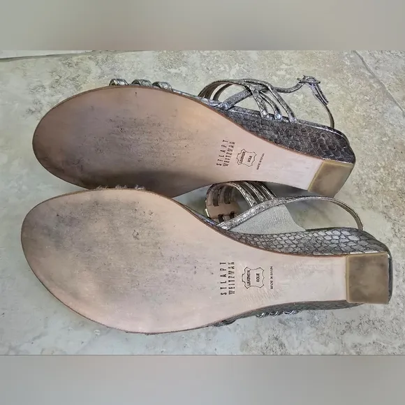 EUC Stuart Weitzman Leather Silver Strappy Low Wedge Sandals