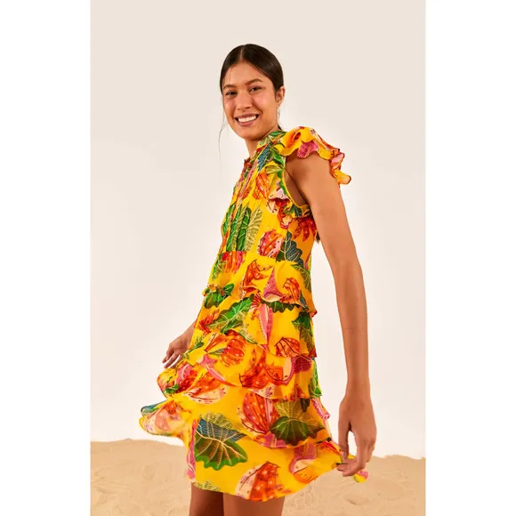 Farm Rio Yellow Beaks &amp; Bananas Layered Ruffled Mini Dress Large