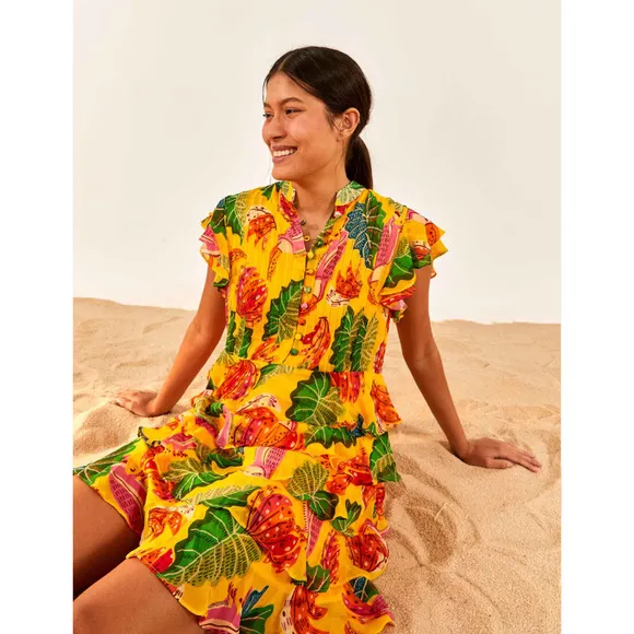 Farm Rio Yellow Beaks &amp; Bananas Layered Ruffled Mini Dress Large