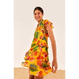 Farm Rio Yellow Beaks &amp; Bananas Layered Ruffled Mini Dress Large