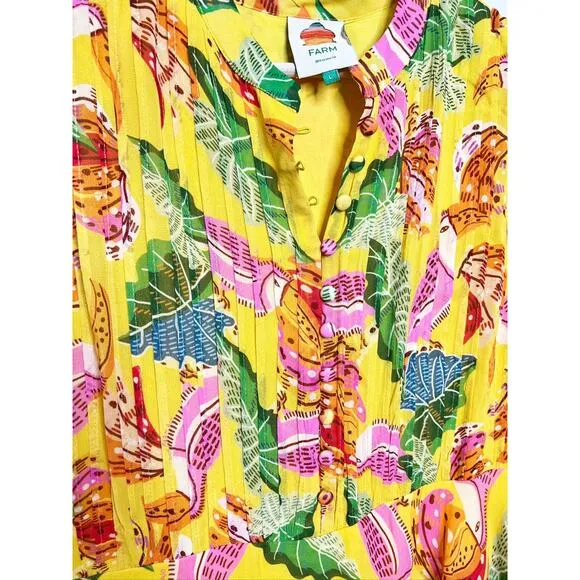 Farm Rio Yellow Beaks &amp; Bananas Layered Ruffled Mini Dress Large