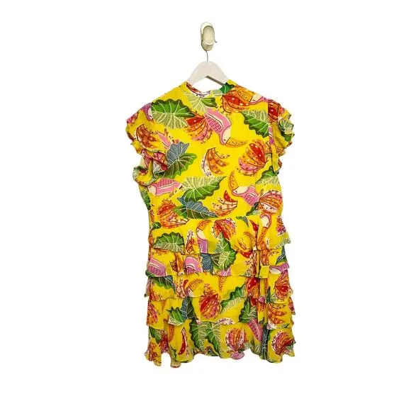Farm Rio Yellow Beaks &amp; Bananas Layered Ruffled Mini Dress Large