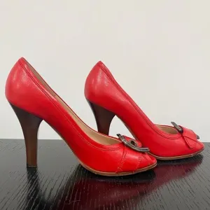 FENDI Red Buckle Peep Toe Pumps Stacked Heel