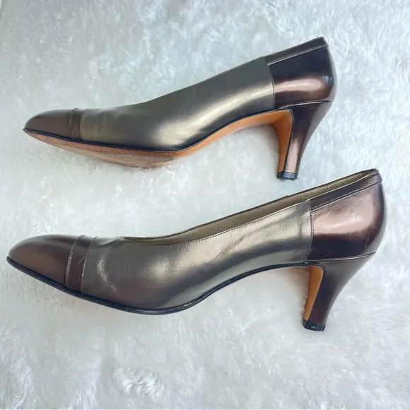 Ferragamo Pumps High Heels Shoes | Toe Cap Metallic designer Italian Leather 7.5