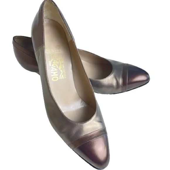 Ferragamo Pumps High Heels Shoes | Toe Cap Metallic designer Italian Leather 7.5