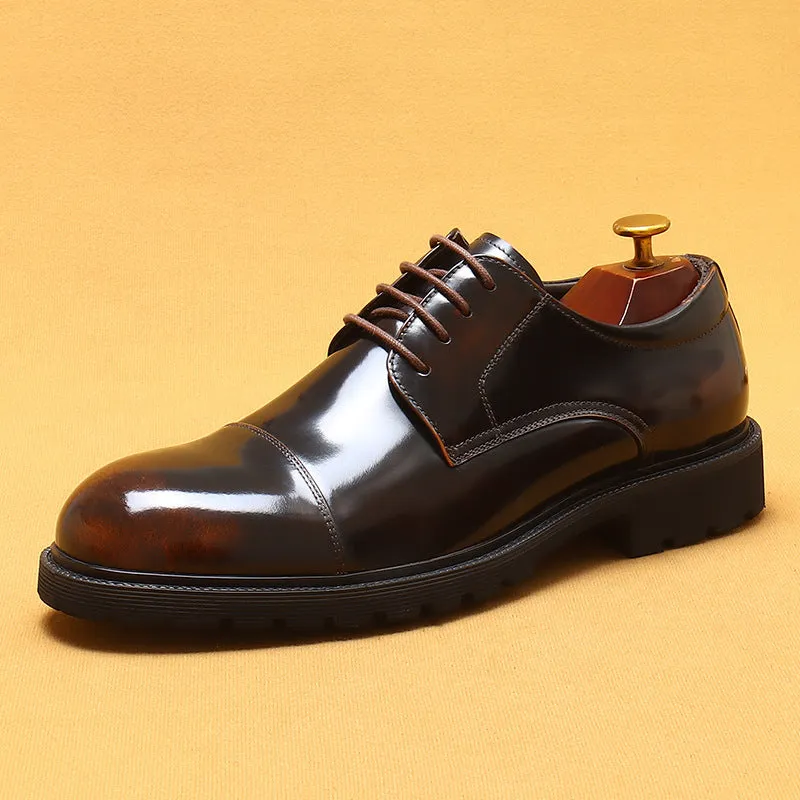 Formal Leather Shoes Men's Genuine Leather Lining Business Casual Shoes British Style round Head Thick Bottom Glossy Men's Shoes96117