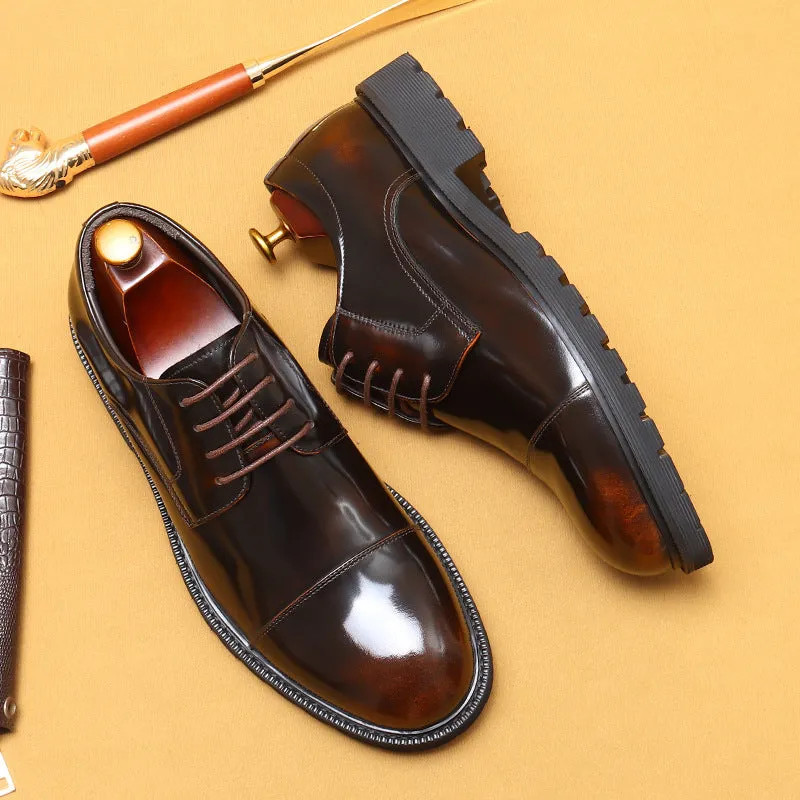 Formal Leather Shoes Men's Genuine Leather Lining Business Casual Shoes British Style round Head Thick Bottom Glossy Men's Shoes96117