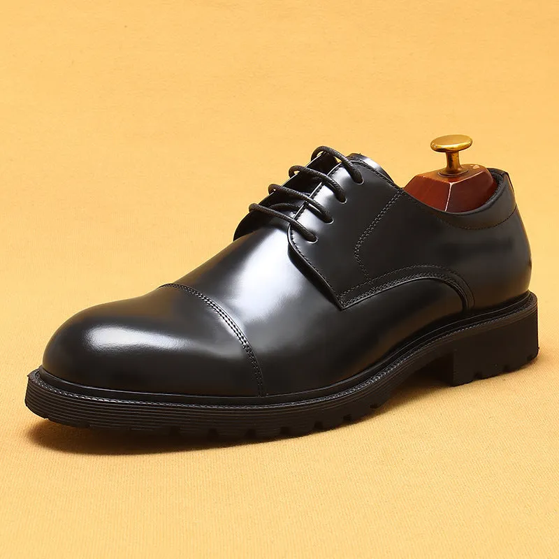 Formal Leather Shoes Men's Genuine Leather Lining Business Casual Shoes British Style round Head Thick Bottom Glossy Men's Shoes96117