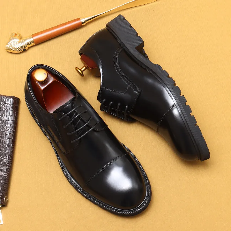 Formal Leather Shoes Men's Genuine Leather Lining Business Casual Shoes British Style round Head Thick Bottom Glossy Men's Shoes96117