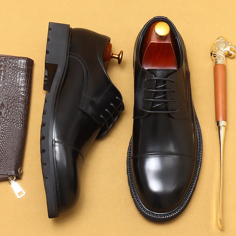 Formal Leather Shoes Men's Genuine Leather Lining Business Casual Shoes British Style round Head Thick Bottom Glossy Men's Shoes96117