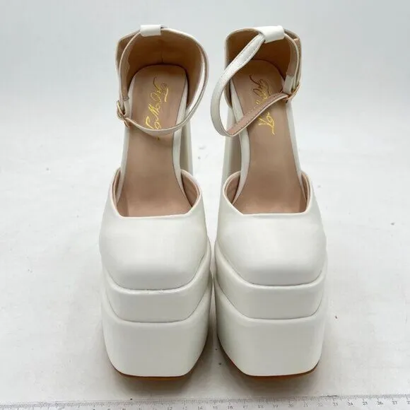 FOWT White Thick Platform Square Toe Pump Sexy Block High Heels Ankle Strap Shoe