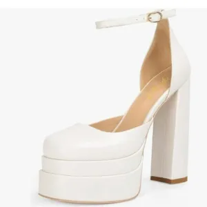 FOWT White Thick Platform Square Toe Pump Sexy Block High Heels Ankle Strap Shoe
