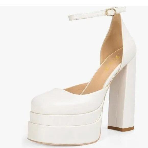 FOWT White Thick Platform Square Toe Pump Sexy Block High Heels Ankle Strap Shoe