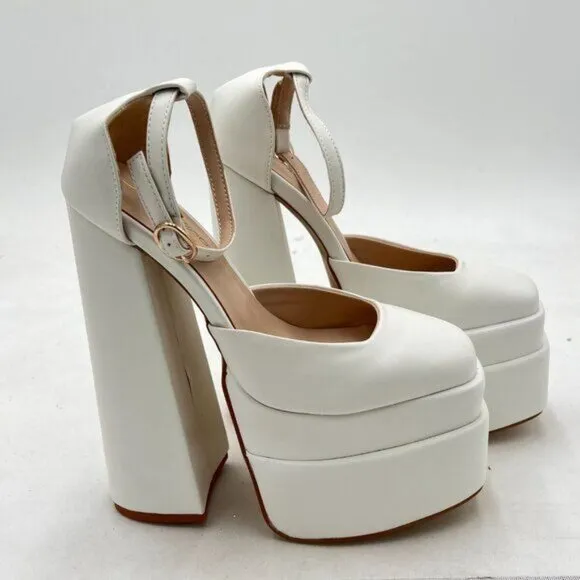 FOWT White Thick Platform Square Toe Pump Sexy Block High Heels Ankle Strap Shoe
