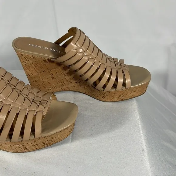 Franco Sarto Tan Leather Slip-On Wedge Sandals Rosely Size. 8