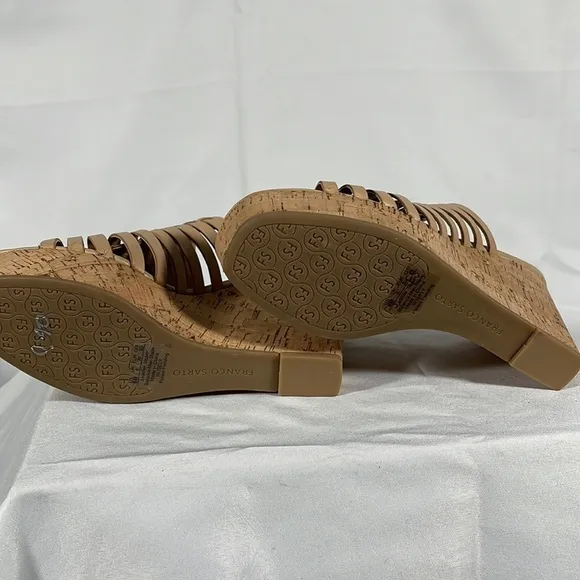 Franco Sarto Tan Leather Slip-On Wedge Sandals Rosely Size. 8