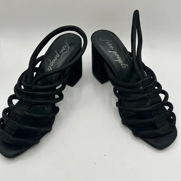 Free People Colette Cinched Strappy black leather Chunky BoHo Heel Sandals 38.5