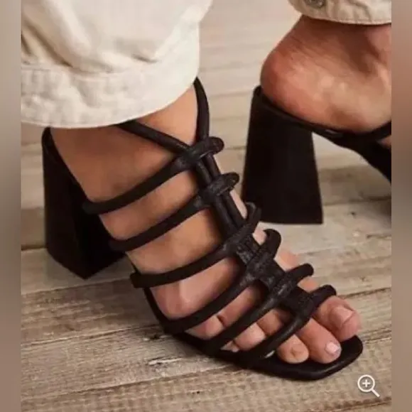 Free People Colette Cinched Strappy black leather Chunky BoHo Heel Sandals 38.5