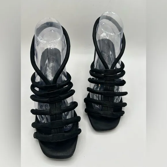 Free People Colette Cinched Strappy black leather Chunky BoHo Heel Sandals 38.5