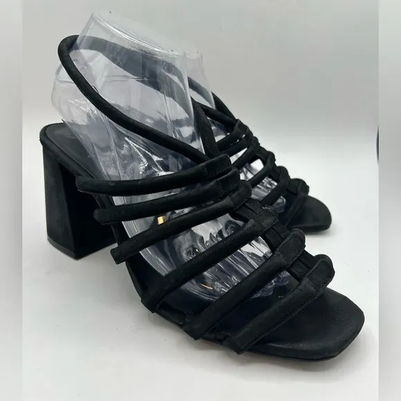 Free People Colette Cinched Strappy black leather Chunky BoHo Heel Sandals 38.5