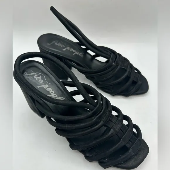 Free People Colette Cinched Strappy black leather Chunky BoHo Heel Sandals 38.5