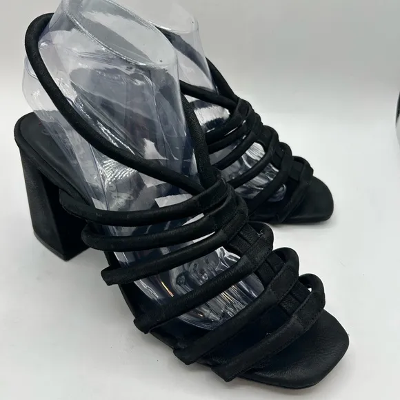 Free People Colette Cinched Strappy black leather Chunky BoHo Heel Sandals 38.5
