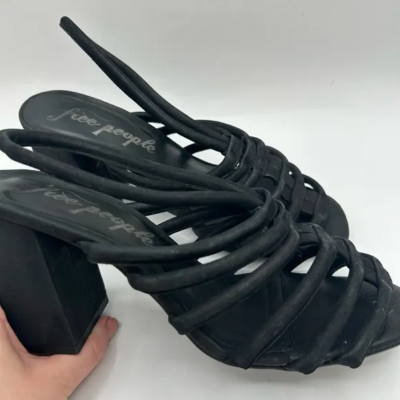 Free People Colette Cinched Strappy black leather Chunky BoHo Heel Sandals 38.5