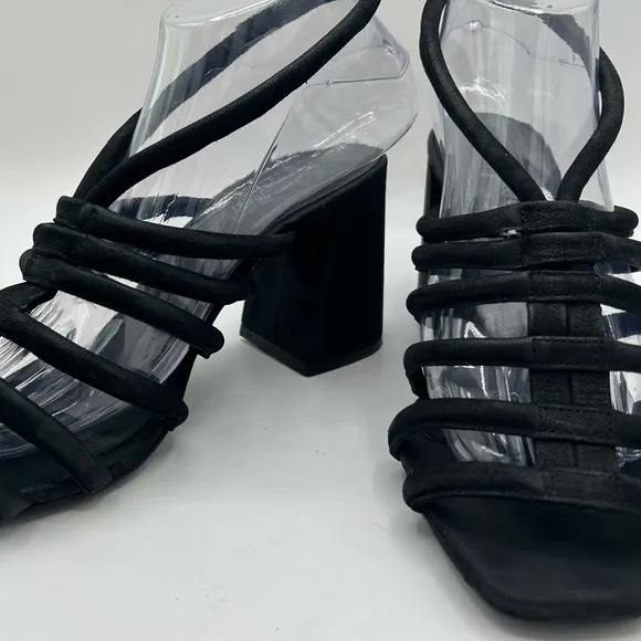 Free People Colette Cinched Strappy black leather Chunky BoHo Heel Sandals 38.5