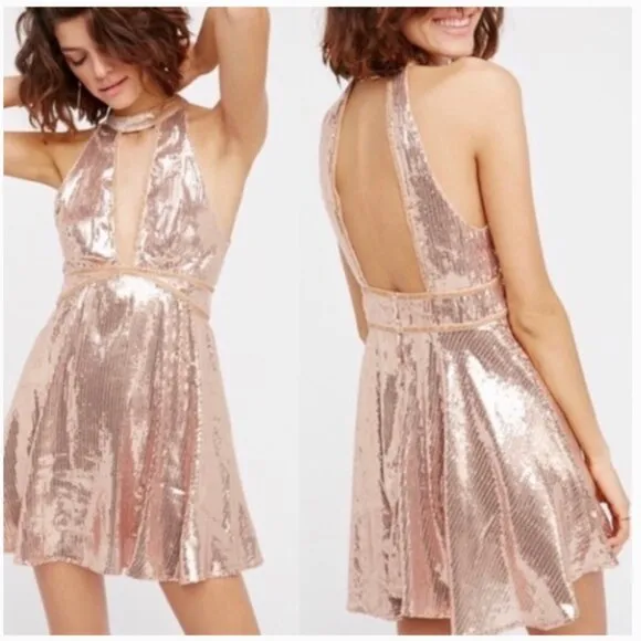 Free People Film Noir Sequin Mini Dress in Rose Gold Women's Size 8