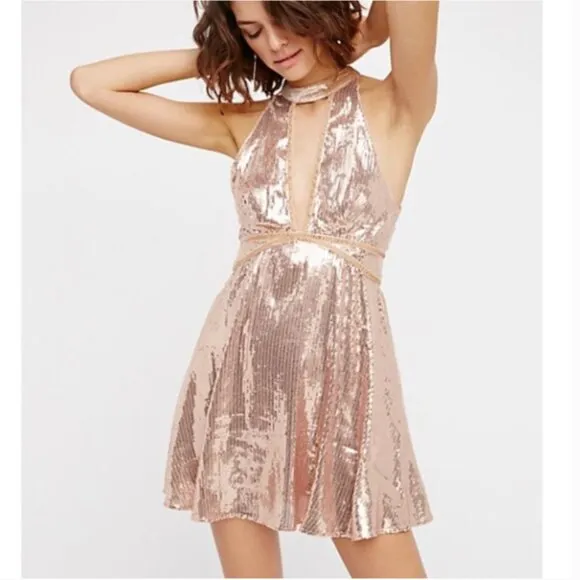 Free People Film Noir Sequin Mini Dress in Rose Gold Women's Size 8