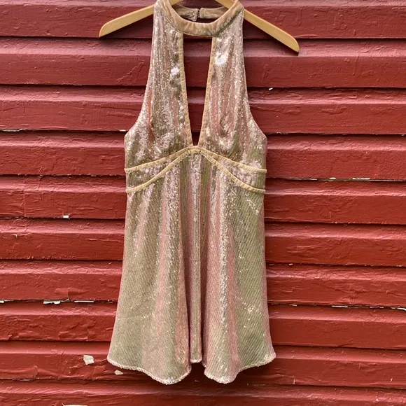 Free People Film Noir Sequin Mini Dress in Rose Gold Women's Size 8