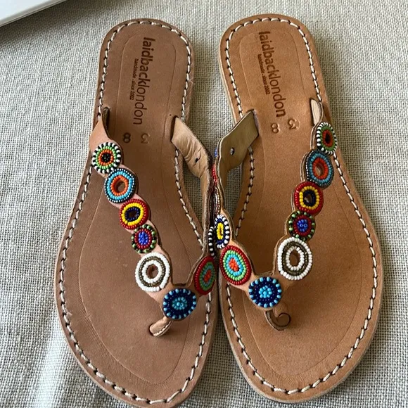 Free People NWT  laidback London Fun Tribal Flip Flop hand beaded sandal 🌈 🙏