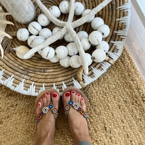Free People NWT  laidback London Fun Tribal Flip Flop hand beaded sandal 🌈 🙏