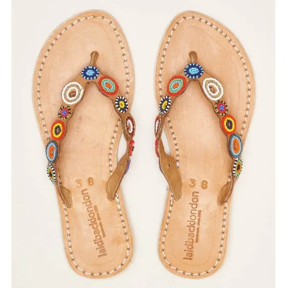 Free People NWT  laidback London Fun Tribal Flip Flop hand beaded sandal 🌈 🙏