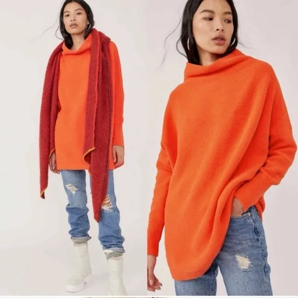 Free People * Ottoman Slouchy Pullover Tunic Sweater size XS Orange