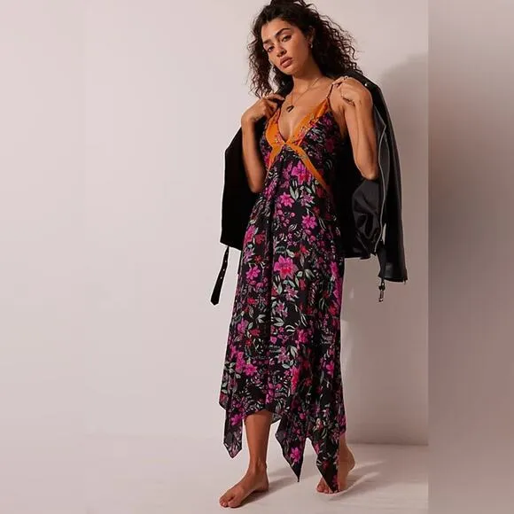 Free People There She Goes Printed Maxi Slip in Black Combo S