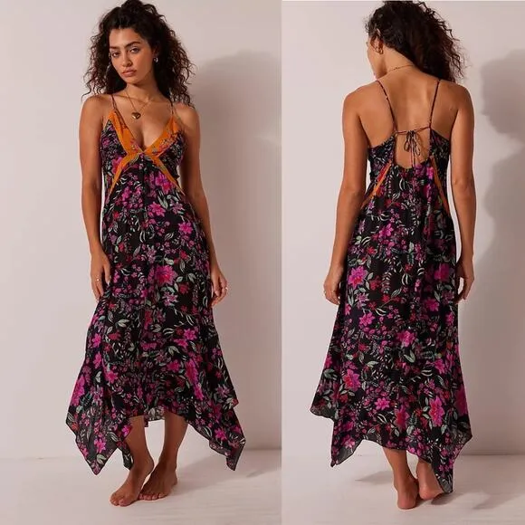 Free People There She Goes Printed Maxi Slip in Black Combo S