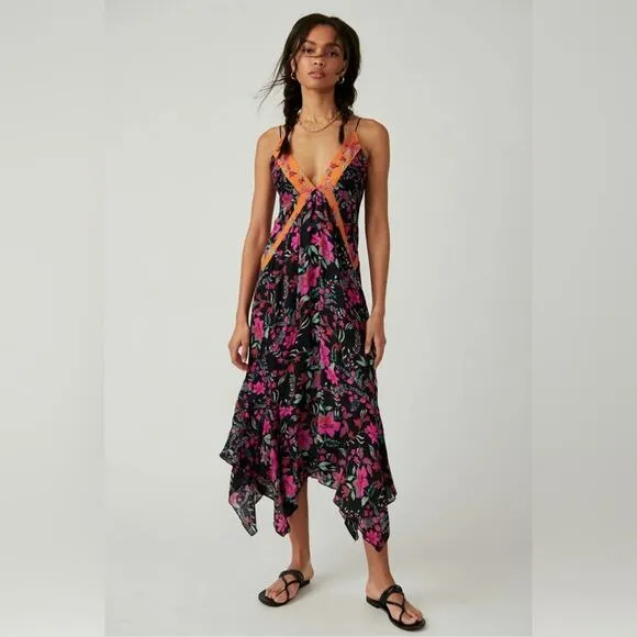 Free People There She Goes Printed Maxi Slip in Black Combo S