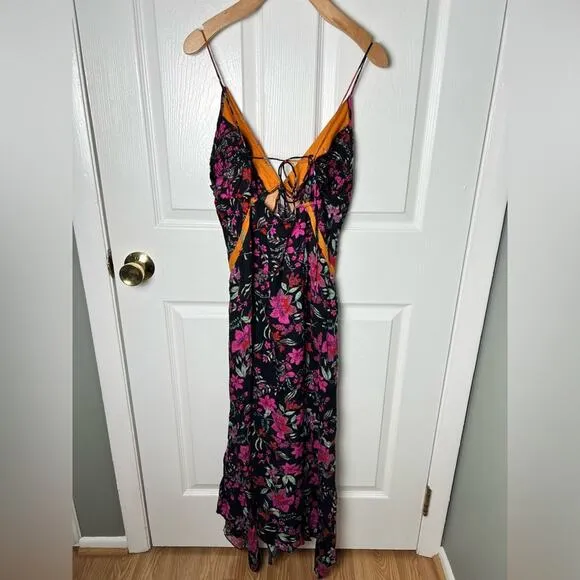 Free People There She Goes Printed Maxi Slip in Black Combo S