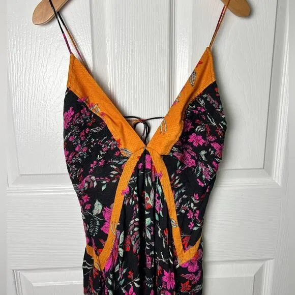 Free People There She Goes Printed Maxi Slip in Black Combo S