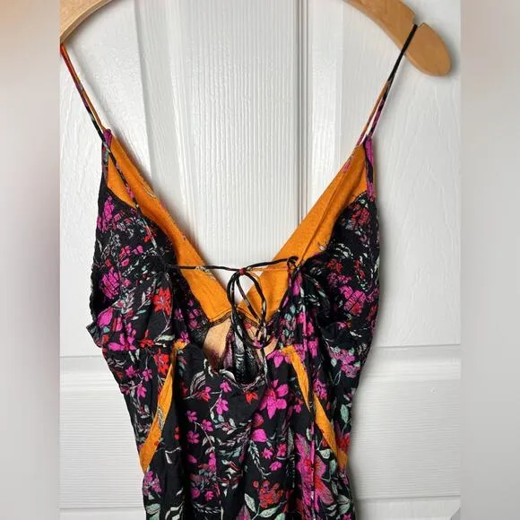 Free People There She Goes Printed Maxi Slip in Black Combo S